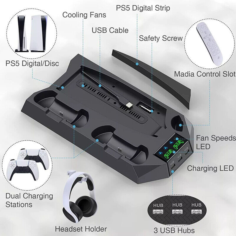 PS5 Vertical Cooling Fan Stand And Controller Charger Station For  Playstation 5